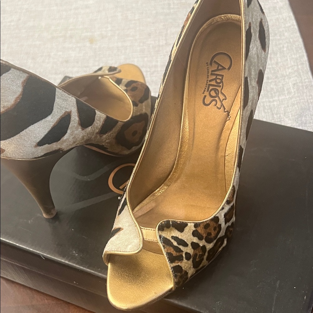 Carlos by Carlos Santana Animal Print Peep Toe Heels - Gold and Brown